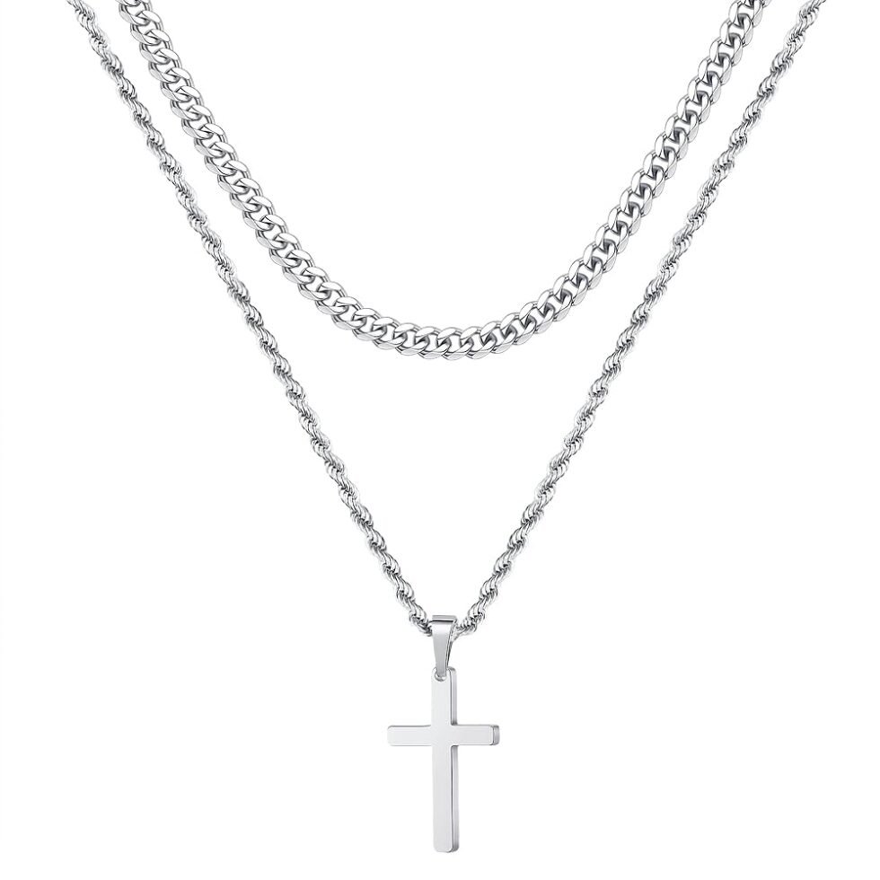 Yooblue Cross Necklace for Men, Gold Black Silver Mens Cross Necklaces Stainless Steel Cross Pendant Necklace Simple Jewelry Gifts Cross Chain Necklace for Men