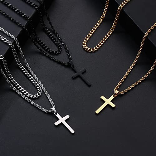 Yooblue Cross Necklace for Men, Gold Black Silver Mens Cross Necklaces Stainless Steel Cross Pendant Necklace Simple Jewelry Gifts Cross Chain Necklace for Men