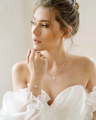 Yowivon Gold Jewelry Set Crystal Tennis Slider Adjustable Bracelet Earrings Pendant Necklace Trendy 14K Gold Plated Tarnish Free Wedding Jewelry for Bride Prom