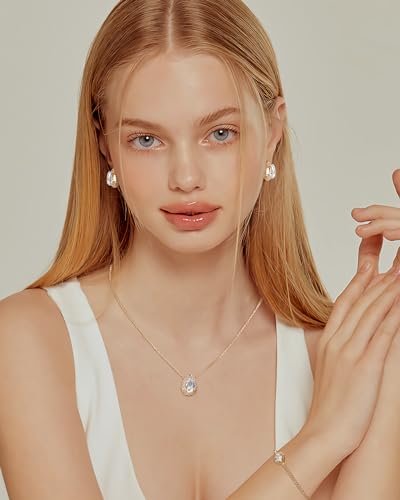 Yowivon Gold Jewelry Set Crystal Tennis Slider Adjustable Bracelet Earrings Pendant Necklace Trendy 14K Gold Plated Tarnish Free Wedding Jewelry for Bride Prom