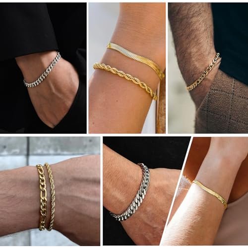 Zocomi 6 Pcs Chain Bracelet for Men Women - Stainless Steel Cuban Curb Link Rope Paperclip Figaro Herringbone Chain Bracelets Set Jewelry Gifts for Man Woman Boys...