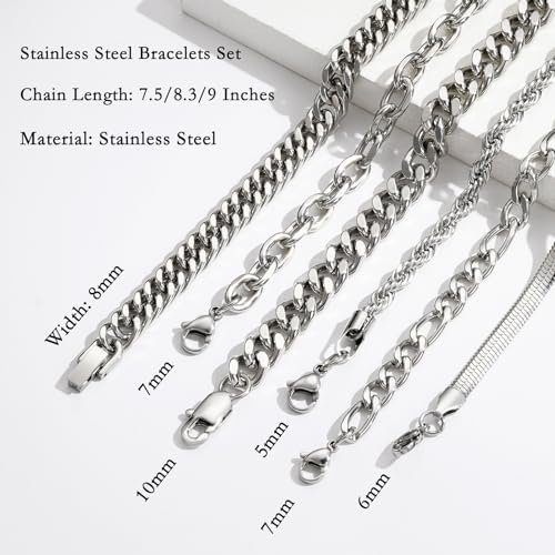 Zocomi 6 Pcs Chain Bracelet for Men Women - Stainless Steel Cuban Curb Link Rope Paperclip Figaro Herringbone Chain Bracelets Set Jewelry Gifts for Man Woman Boys...