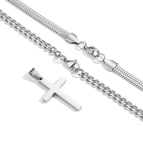 Zocomi Cross Necklace for Men Stainless Steel Layered Cuban Link Herringbone Chain Cross Pendant Religious Fashion Jewelry Gifts 16-24 Inches