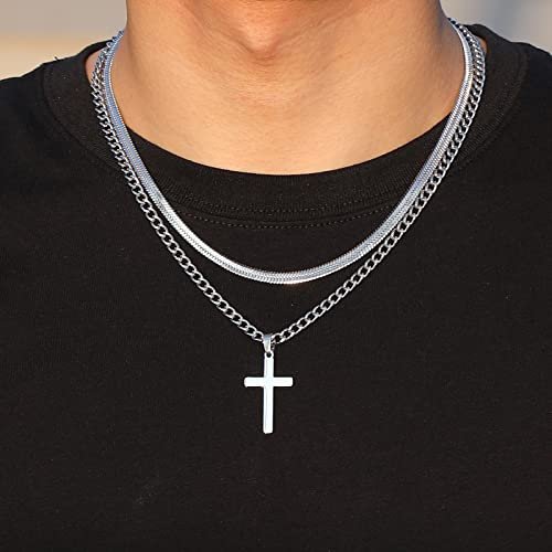 Zocomi Cross Necklace for Men Stainless Steel Layered Cuban Link Herringbone Chain Cross Pendant Religious Fashion Jewelry Gifts 16-24 Inches