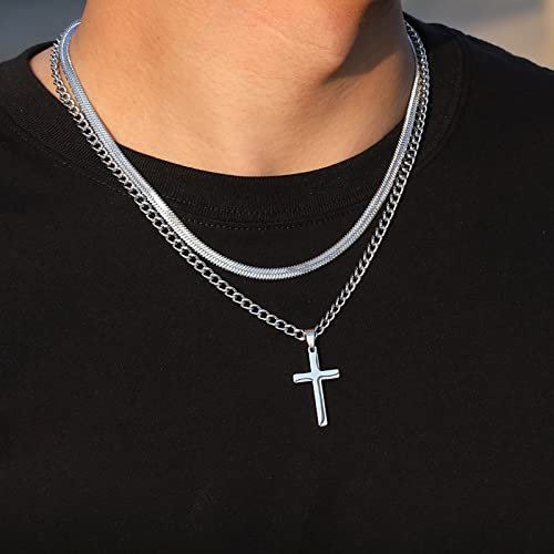 Zocomi Cross Necklace for Men Stainless Steel Layered Cuban Link Herringbone Chain Cross Pendant Religious Fashion Jewelry Gifts 16-24 Inches