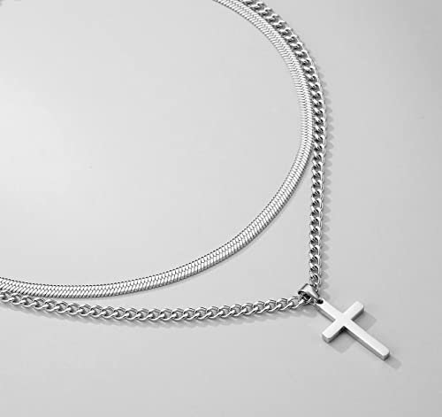 Zocomi Cross Necklace for Men Stainless Steel Layered Cuban Link Herringbone Chain Cross Pendant Religious Fashion Jewelry Gifts 16-24 Inches