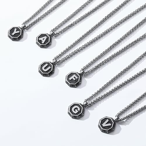 Zocomi Initial Necklace for Men Stainless Steel Letter A-Z Pendant Chain 20+2 Inches, Octagon Norse Viking Talisman Jewelry Gifts