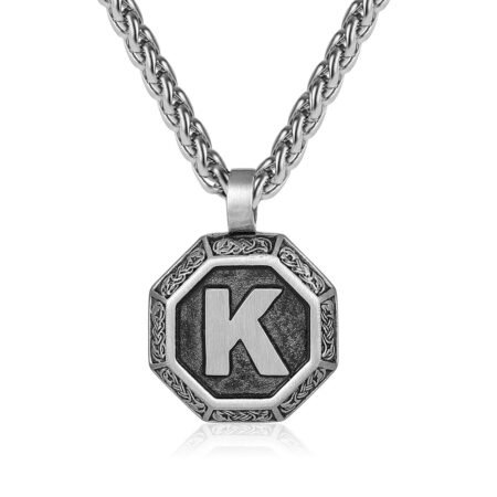 Zocomi Initial Necklace for Men Stainless Steel Letter A-Z Pendant Chain 20+2 Inches, Octagon Norse Viking Talisman Jewelry Gifts